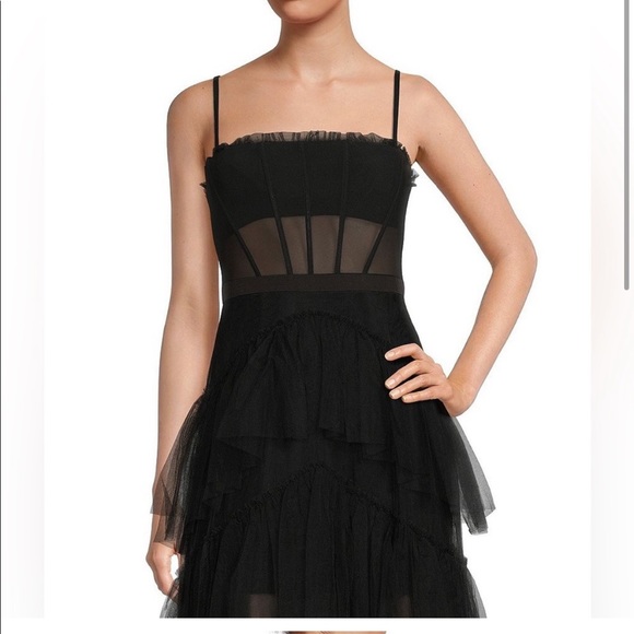 Betsy & Adam Illusion Tiered Ruffle Tulle Square Neck Corset Mesh Gown 2 0990 - Picture 4 of 9